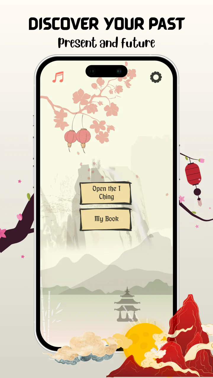 I Ching app main menu with buttons to open the I Ching and view My Book.
