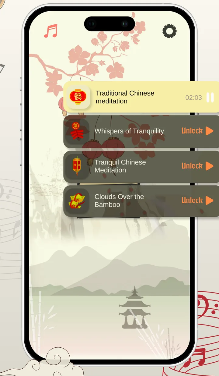 I Ching app music screen with selectable Chinese meditation tracks and playback controls.