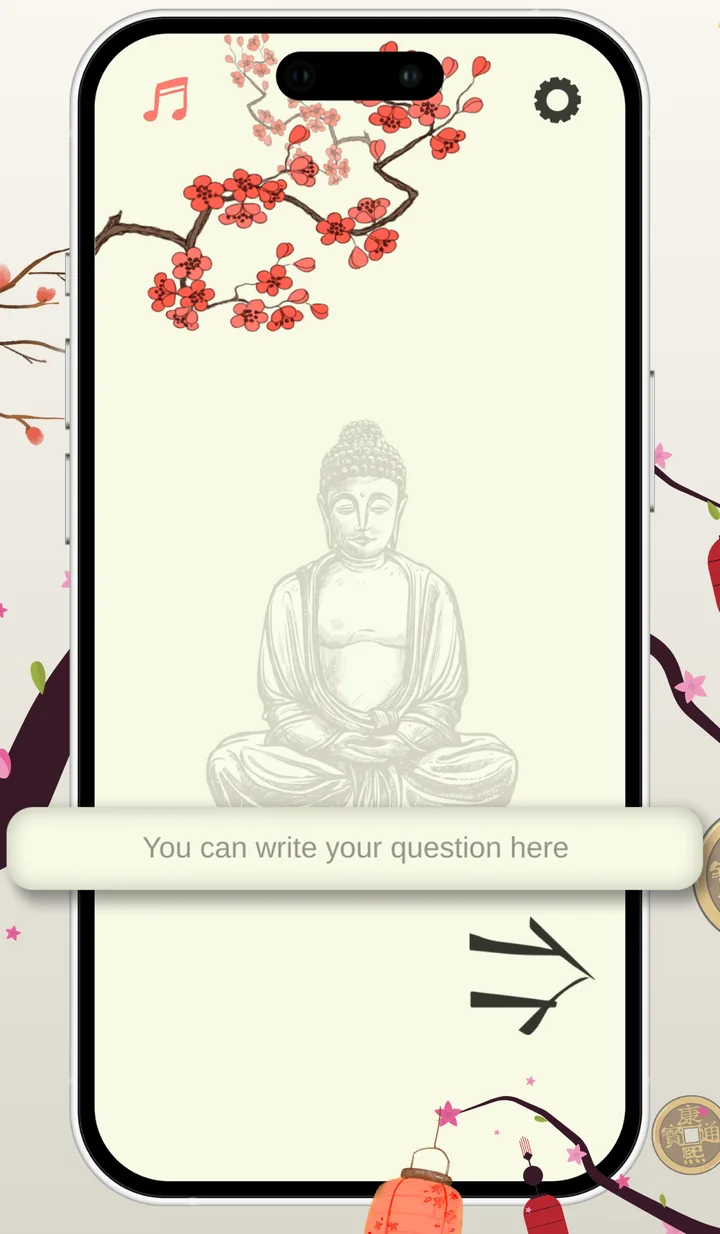 I Ching app question-entry screen with a field for writing a consultation question.